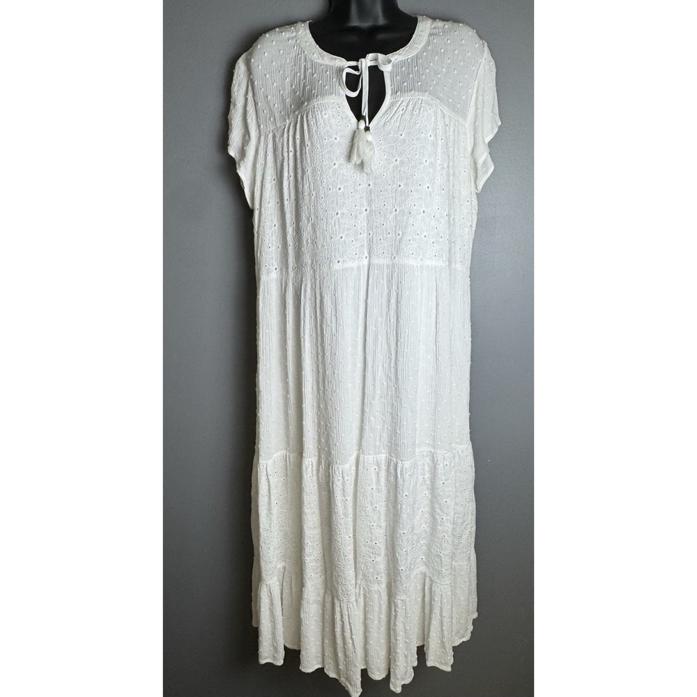 Kate & Sam White Boutique Prairie Dress Tiered Layers Tassels & Eyelet Fabric LG